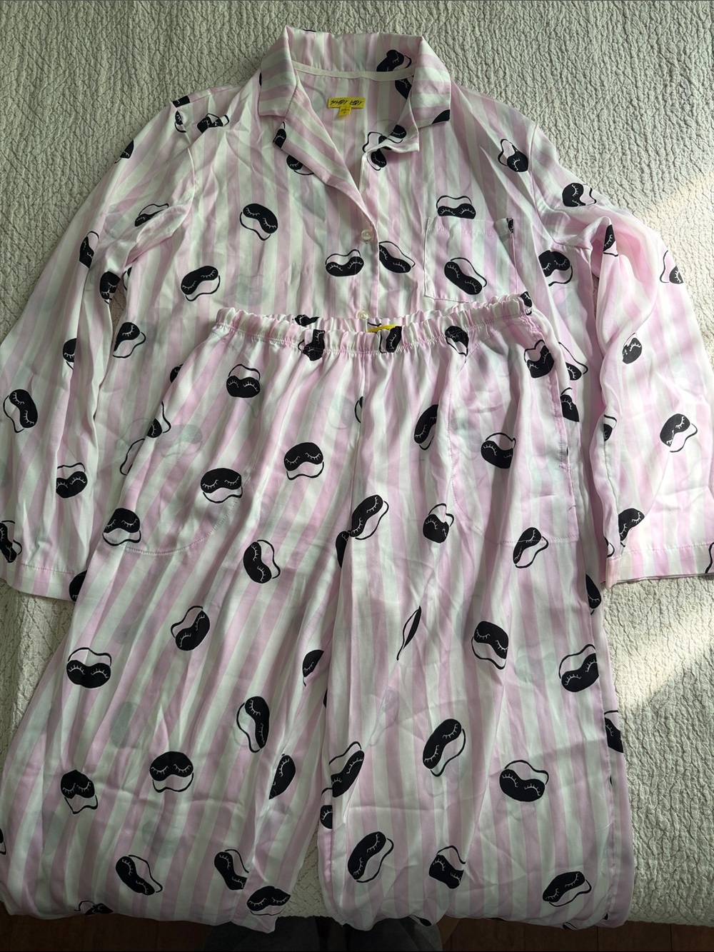 Striped Pink & White Pajama Set with Black Sleep Mask Print